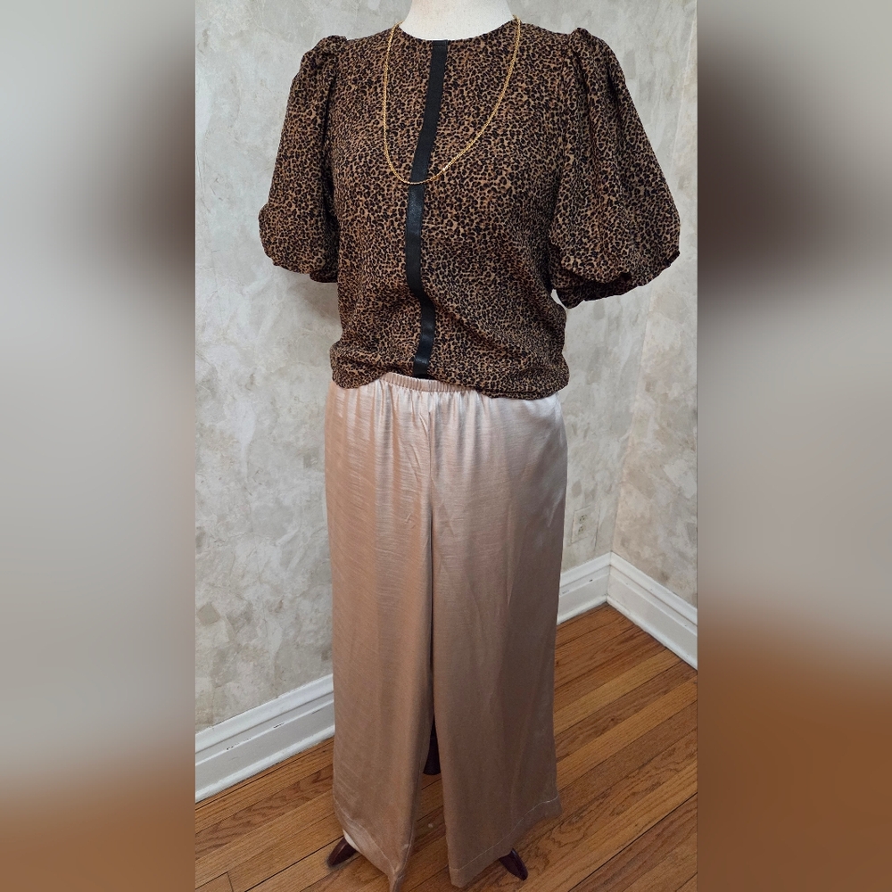 THML Leopard Print Puff Sleeve Blouse Faux Leather Trim XS - Picture 12 of 12